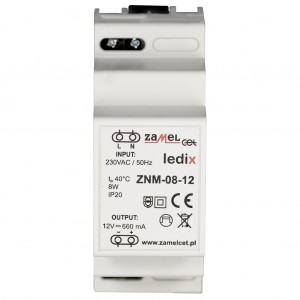 Zamel Ledix ZNM-08-12 - Zasilacz LED 12V DC, Mocy: 8W/0,65A, Montaż na szynie TH - Podgląd zdjęcia nr 1